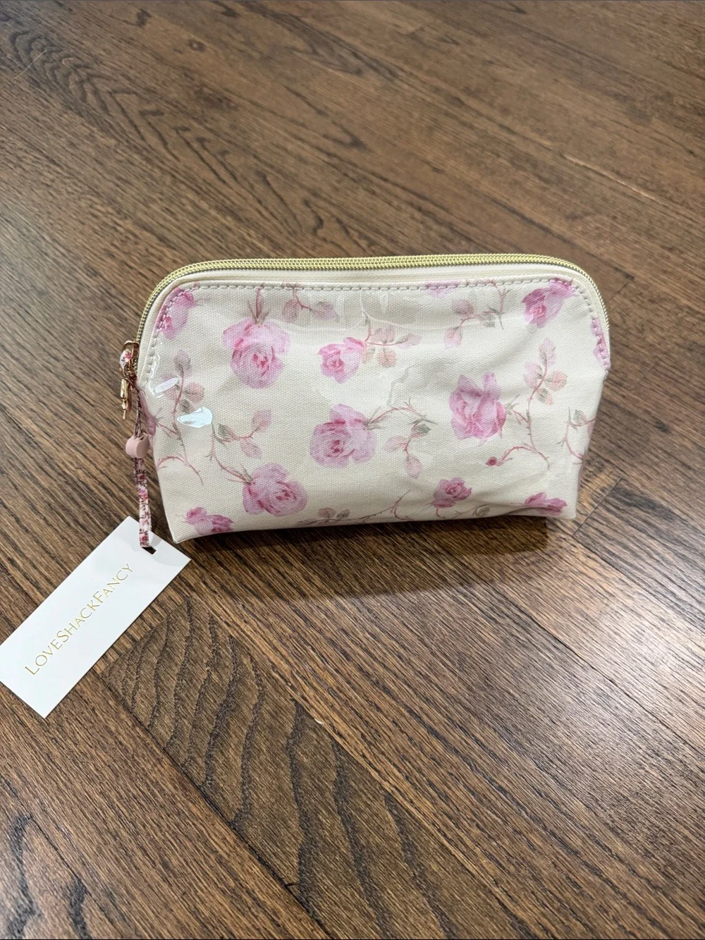 LoveShackFancy Cream Cosmetic Pouch with Pink Rose Print